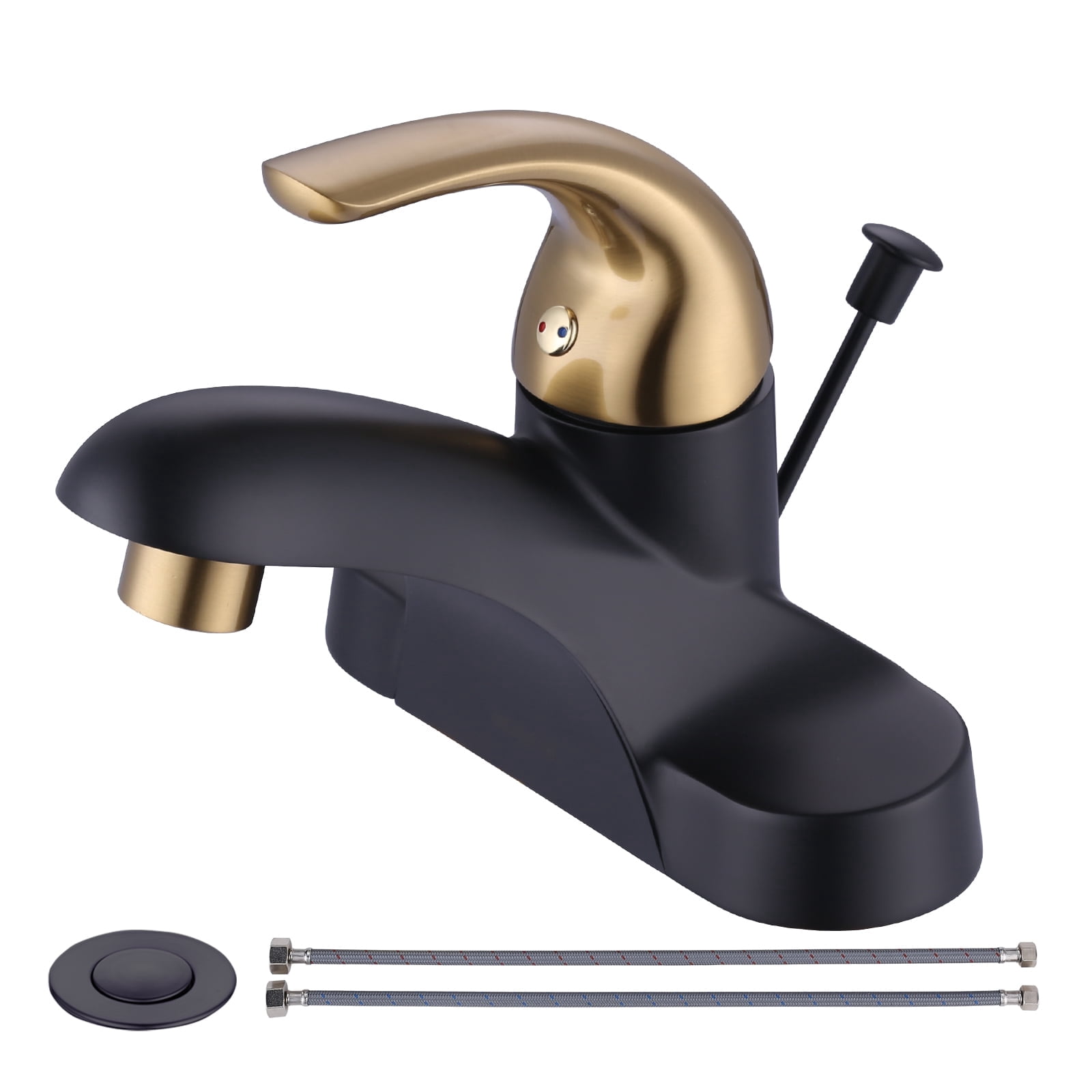 Wowow 4 in. Centerset Single Handle Low Arc Bathroom Faucet with Lift Rod Drain Assembly Included in Gold and Black, Rv Lavatory Taps 3 Hole