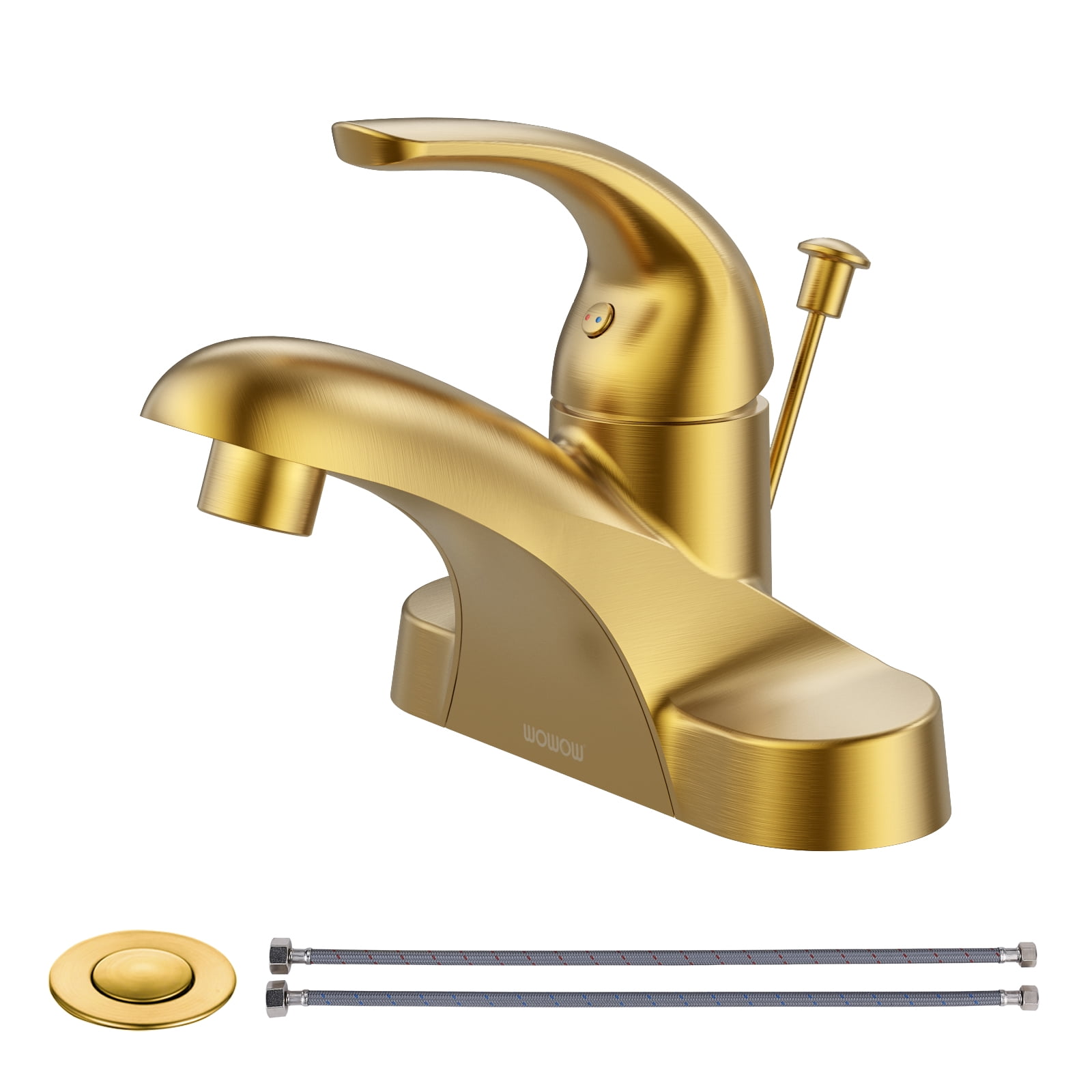 Wowow 4 in. Centerset Single Handle Low Arc Bathroom Faucet with Lift Rod Drain Assembly Included in Gold, Rv Lavatory Taps 3 Hole