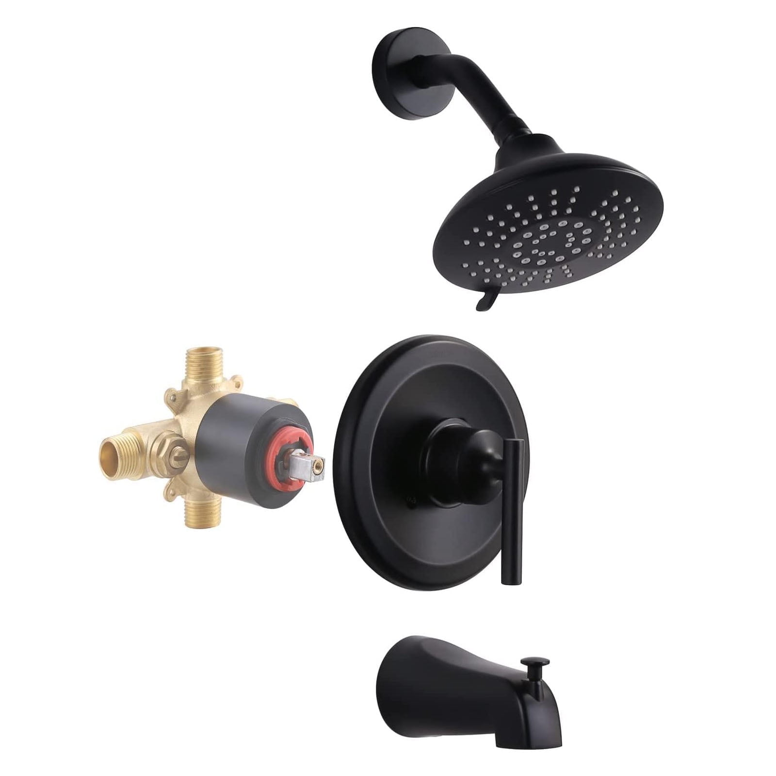 Wowow 5-Spary Settings Round Shower Faucet Kit with Tub Spout and Brass Pressure Balance Valve, Black