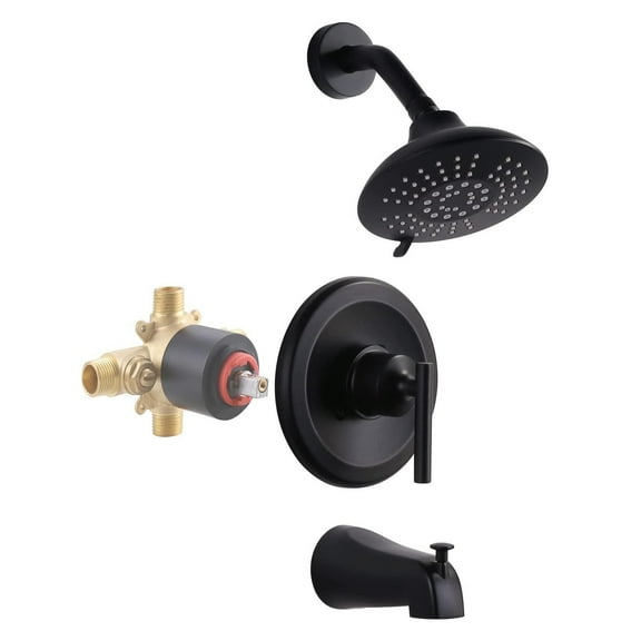 Wowow 5-Spary Settings Round Shower Faucet Kit with Tub Spout and Brass Pressure Balance Valve, Black