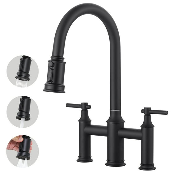 Wowow 8 in. Double Handle Pull Out Sprayer Kitchen 3 Hole Included Supply Lines in Black