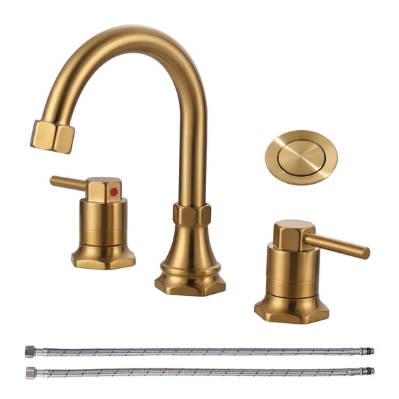 Wowow 8 in. Widespread Double Handle Bathroom Faucet with Pop-up Drain Kit in Gold