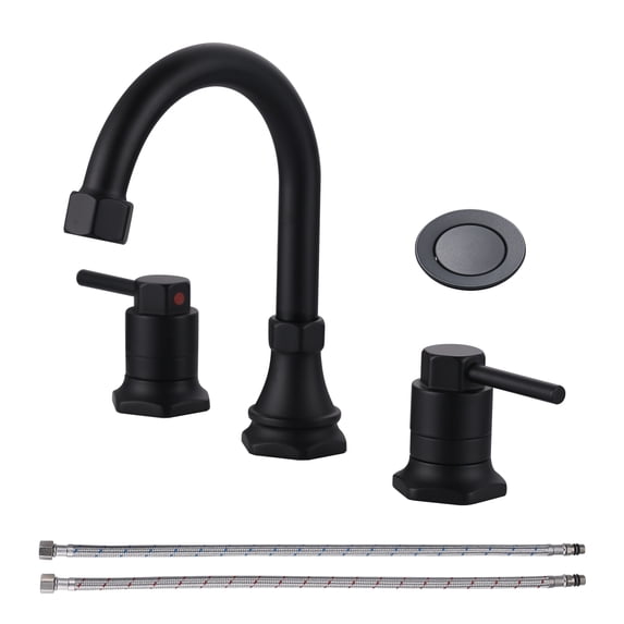 Wowow 8 in. Widespread Double Handle Bathroom Faucet with Pop-up Drain Kit in Matte Black