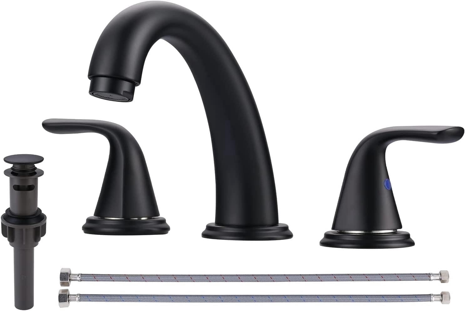Wowow Bathroom Sink Faucet, Matte Black Widespread 3-hole Faucet With Pop-up Drain and Hose