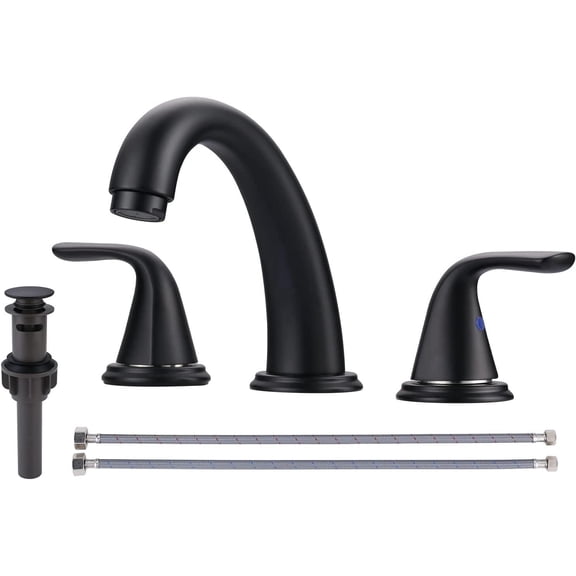 Wowow Bathroom Sink Faucet, Matte Black Widespread 3-hole Faucet With Pop-up Drain and Hose