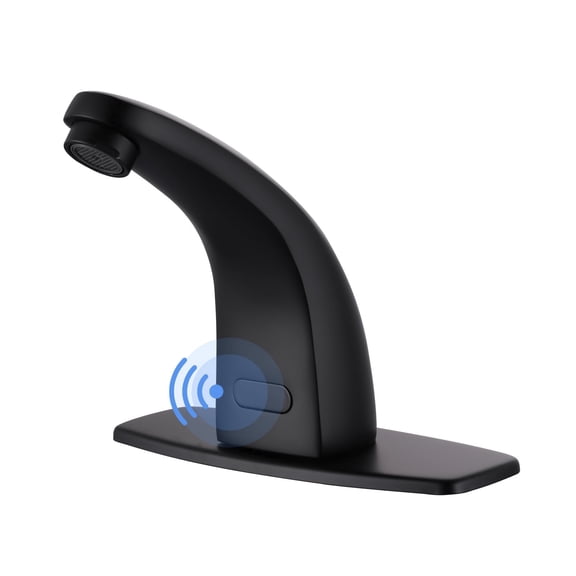 Wowow Battery-Powered Commercial Touchless Single Hole Bathroom Faucet with Deck Plate in Black