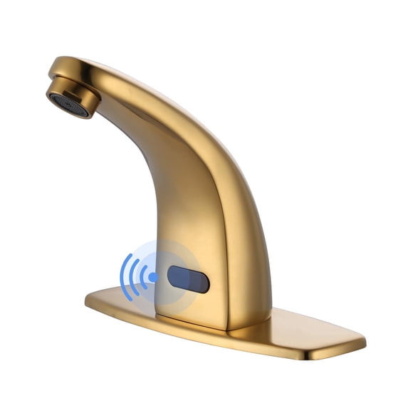 Wowow Battery-Powered Commercial Touchless Single Hole Bathroom Faucet with Deck Plate in Brushed Gold