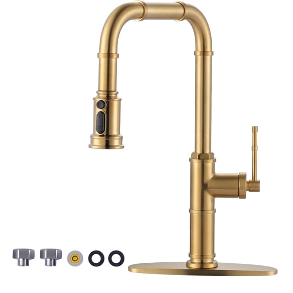 Wowow Brass Gold 17.9 in. H 360° Spout Swivel Pull Down Sprayer Kitchen Faucet with 3-Function Sprayer and Deckplate