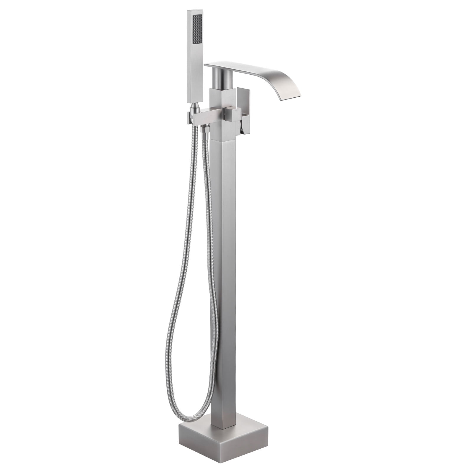 Wowow Brass Waterfall Single-Handle Floor Mount Freestanding Bathtub Faucet with Hand Shower and Supply Line in Brushed Nickel