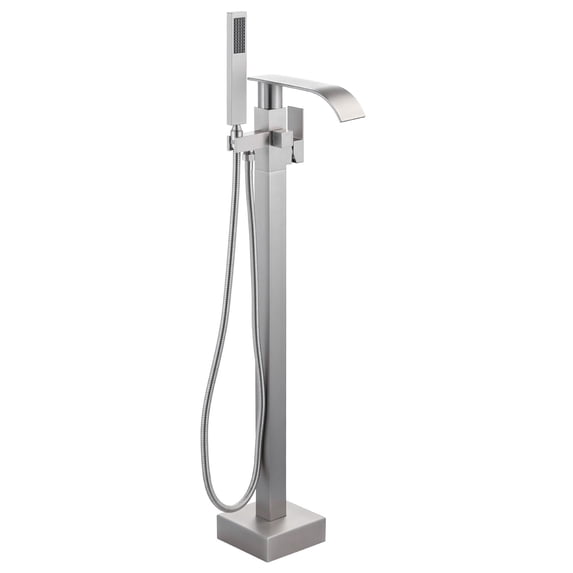 Wowow Brass Waterfall Single-Handle Floor Mount Freestanding Bathtub Faucet with Hand Shower and Supply Line in Brushed Nickel