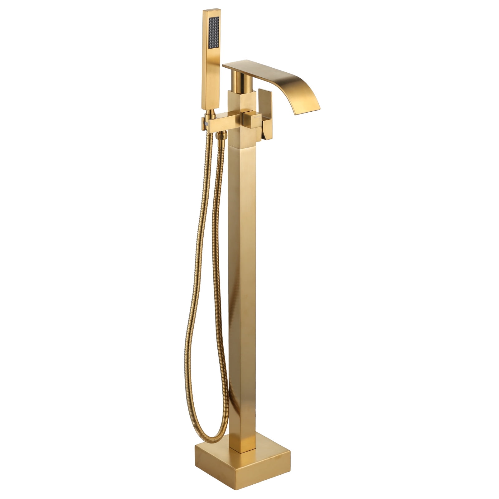 Wowow Brass Waterfall Single-Handle Floor Mount Freestanding Bathtub Faucet with Hand Shower and Supply Line in Gold