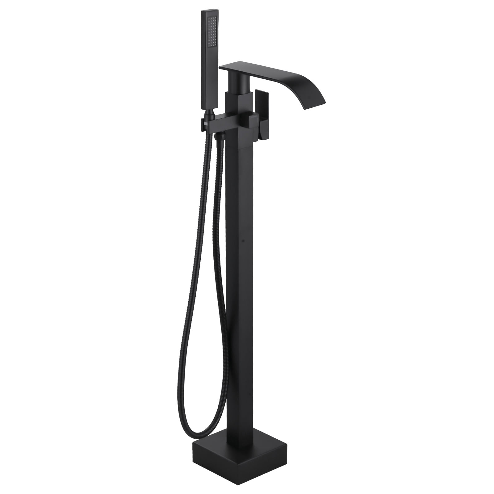 Wowow Brass Waterfall Single-Handle Floor Mount Freestanding Bathtub Faucet with Hand Shower and Supply Line in Matte Black