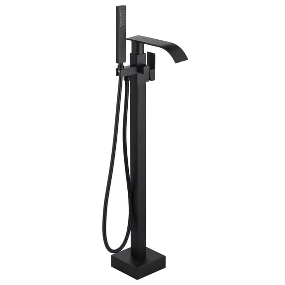 Wowow Brass Waterfall Single-Handle Floor Mount Freestanding Bathtub Faucet with Hand Shower and Supply Line in Matte Black