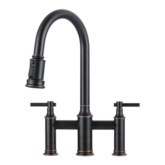 Wowow Bridge Kitchen Faucet: 3 Holes Kitchen Faucet with Pull Down Sprayer - Two Handles 8 Inch Centerset Kitchen Sink Faucet, 360° Swivel Spout