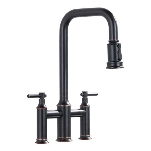 Wowow Bridge Kitchen Faucet: 3 Holes Kitchen Faucet with Pull Down Sprayer - Two Handles 8 Inch Centerset Kitchen Sink Faucet, 360° Swivel Spout