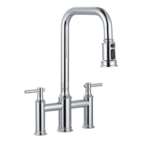 Wowow Bridge Kitchen Faucet: 3 Holes Kitchen Faucet with Pull Down Sprayer - Two Handles 8 Inch Centerset Kitchen Sink Faucet, 360° Swivel Spout