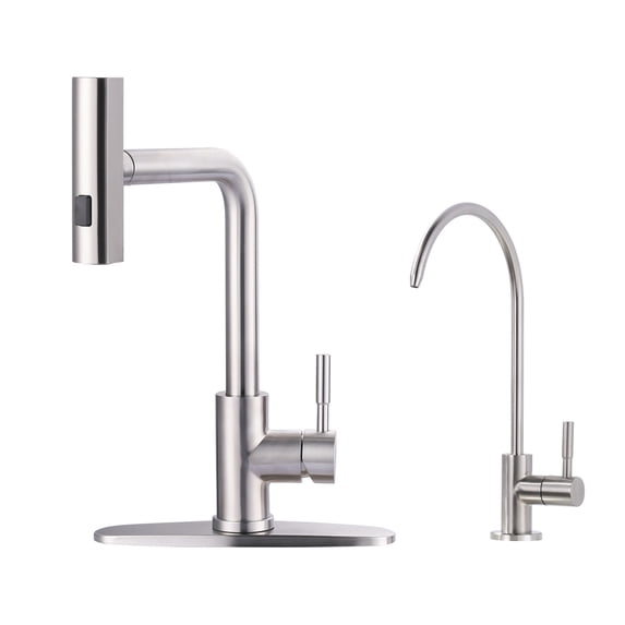 Wowow Brushed Nickel 15.7 in. Single Handle Pull Down Sprayer Kitchen Faucet with Drinking Water Faucet and 360° Swivel