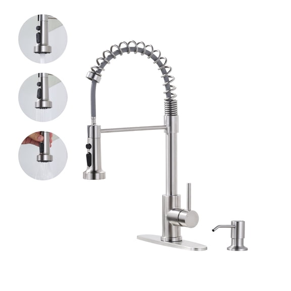 Wowow Brushed Nickel Stainless Steel Kitchen Faucets with Pull Down Sprayer and Soap Dispenser for Kitchen Sink