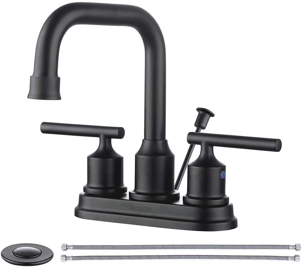 Wowow Centerset 4 in. 2-Handle High-Arc Bathroom Faucet with Drain and Supply line, Matte Black