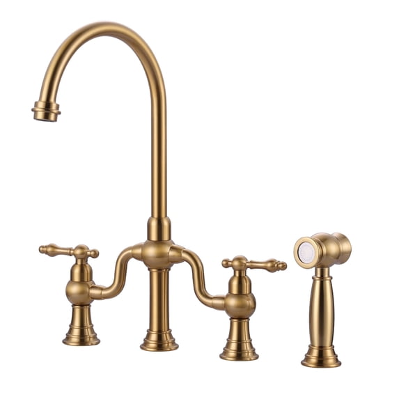 Wowow Gold Double Handle High-Arc Widespread Deck Mounted kitchen faucet filter for kitchen sink With Side Spray in Brass