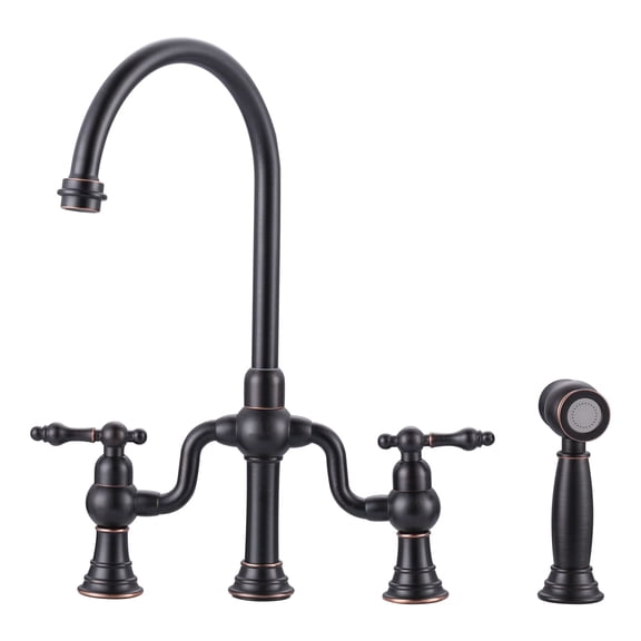 Wowow Oil Rubbed Bronze Double Handle High-Arc Widespread Deck Mounted kitchen faucet filter for kitchen sink With Side Spray in Brass