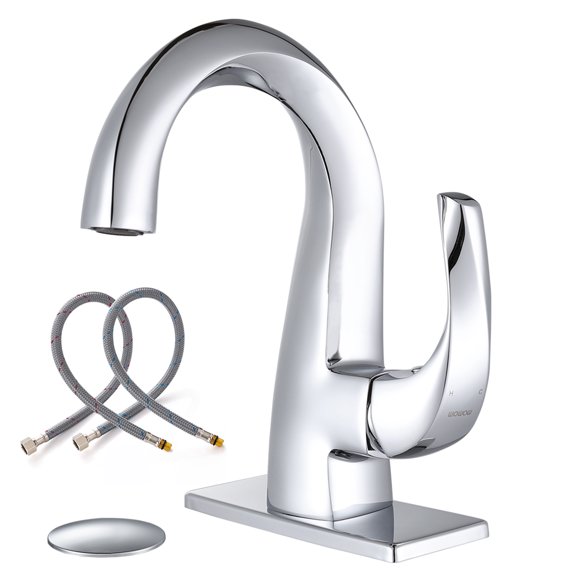 Wowow High Arc Bathroom Basin Faucet, Chrome with Pop Up Drain, Patented Shape Vanity Faucet