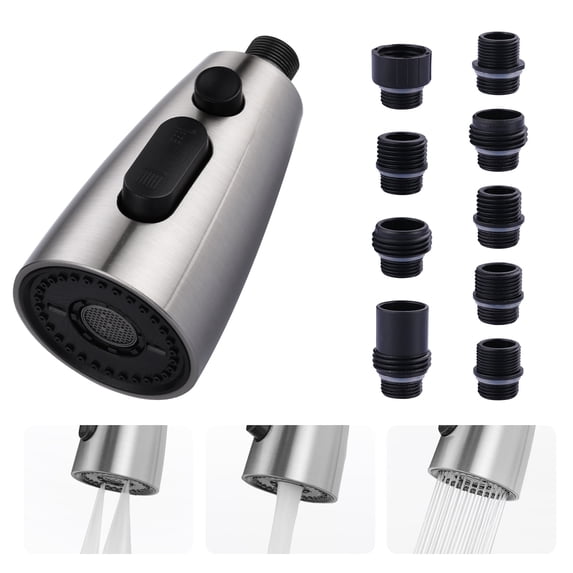 Wowow Kitchen Faucet Head Replacement Brushed Nickel, 3 Function Pull Out Spray Nozzle with 9 Adapters for Kitchen Sink Faucet,US Standard for Moen Kohler Delta Faucets G1/2 Male Connector