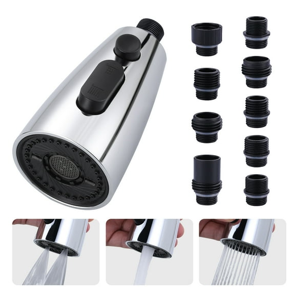 Wowow Kitchen Faucet Head Replacement Chrome, 3 Function Pull Out Spray Nozzle with 9 Adapters for Kitchen Sink Faucet,US Standard for Moen Kohler Delta Faucets G1/2 Male Connector