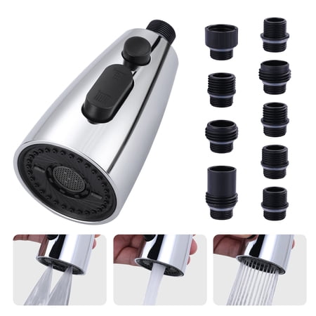 Wowow Kitchen Faucet Head Replacement Chrome, 3 Function Pull Out Spray Nozzle with 9 Adapters for Kitchen Sink Faucet,US Standard for Moen Kohler Delta Faucets G1/2 Male Connector