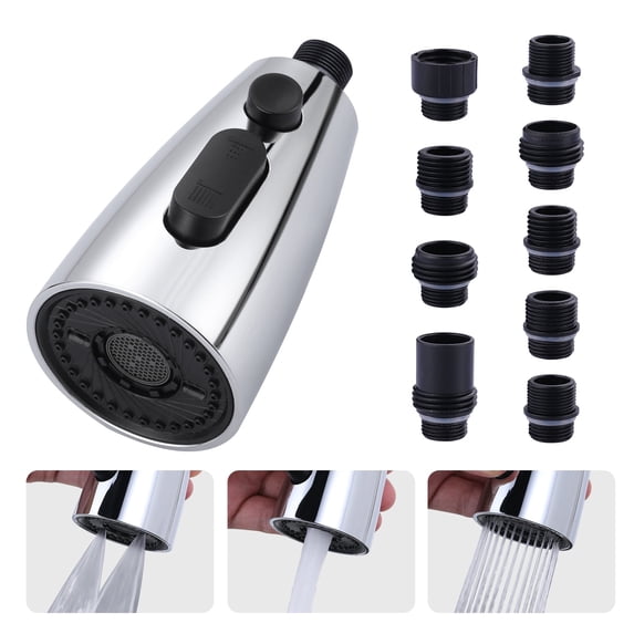 Wowow Kitchen Faucet Head Replacement Chrome, 3 Function Pull Out Spray Nozzle with 9 Adapters for Kitchen Sink Faucet,US Standard for Moen Kohler Delta Faucets G1/2 Male Connector