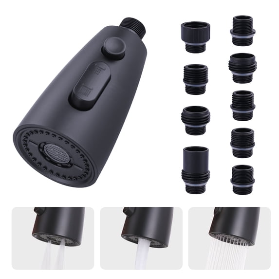 Wowow Kitchen Faucet Head Replacement Matte Black, 3 Function Pull Out Spray Nozzle with 9 Adapters for Kitchen Sink Faucet,US Standard for Moen Kohler Delta Faucets G1/2 Male Connector