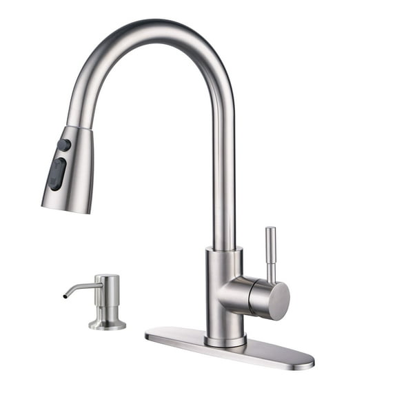 Wowow Kitchen Faucet with Soap Dispenser, Single Handle High Arc Kitchen Sink Faucet with Deck Plate, Brushed Nickel