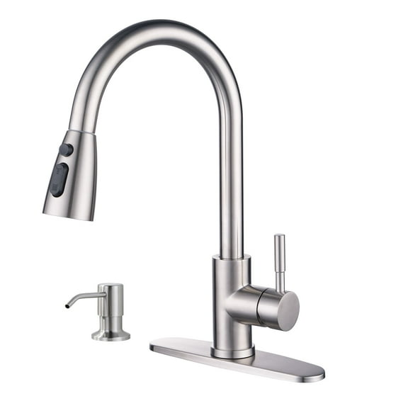 Wowow Kitchen Faucet with Soap Dispenser, Single Handle High Arc Kitchen Sink Faucet with Deck Plate, Brushed Nickel