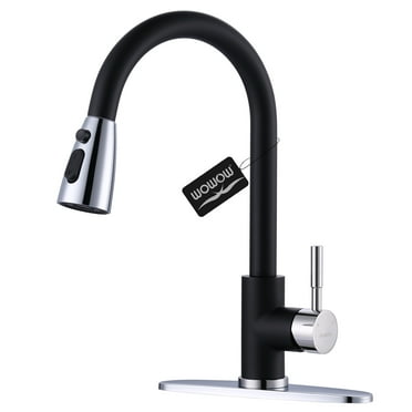 Wowow Kitchen Faucets for Sink 1 or 3 Hole, High Arc Stainless Steel Kitchen Sink Faucet with Sprayer, Polished Chrome and Black Faucet for Kitchen RV Laundry Sinks