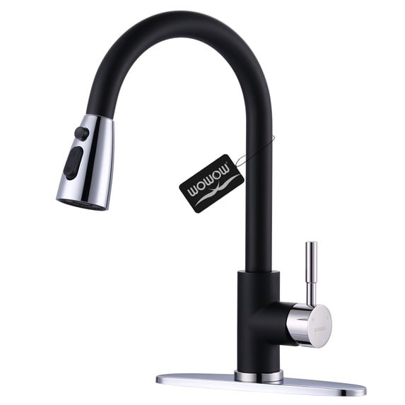Wowow Kitchen Faucets for Sink 1 or 3 Hole, High Arc Stainless Steel Kitchen Sink Faucet with Sprayer, Polished Chrome and Black Faucet for Kitchen RV Laundry Sinks