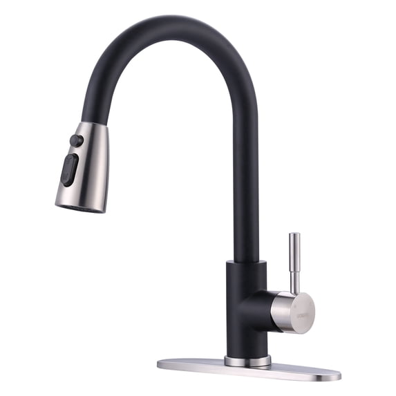 Wowow Single Handle Pull Down Kitchen Faucet Lead-Free with Deck Plate, Brushed Nickel and Black
