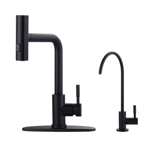 Wowow Matte Black 15.7 in. Single Handle Pull Down Sprayer Kitchen Faucet with Drinking Water Faucet and 360° Swivel