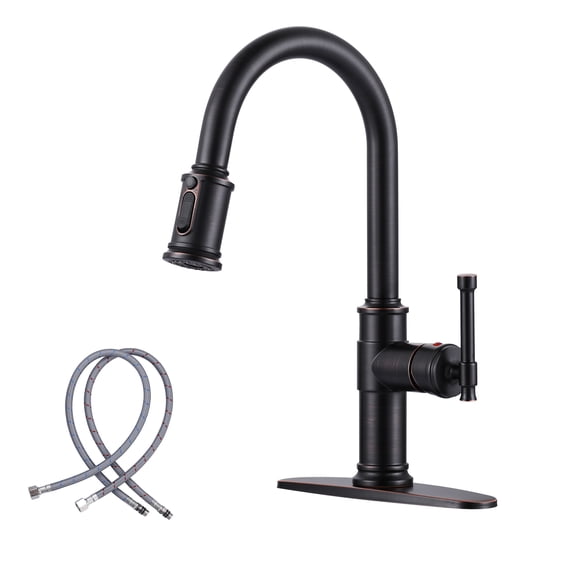 Wowow Oil Rubbed Bronze 16.2 in. Single Handle Pull Down Sprayer Kitchen Faucet with 360° Spout Swivel in Stainless Steel