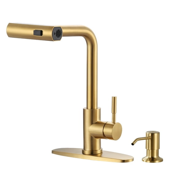 Wowow Pull Down Waterfall Kitchen Faucet with Soap Dispenser and 3-Mode Sprayer in Gold for Kitchen Sink