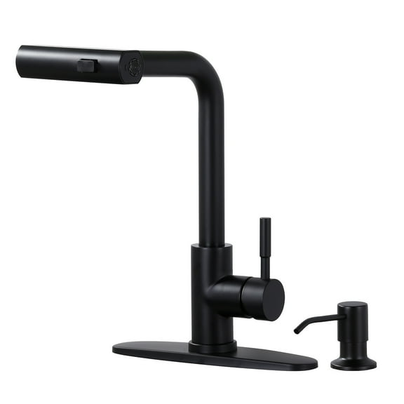 Wowow Pull Down Waterfall Kitchen Faucet with Soap Dispenser and 3-Mode Sprayer in Matte Black for Kitchen Sink