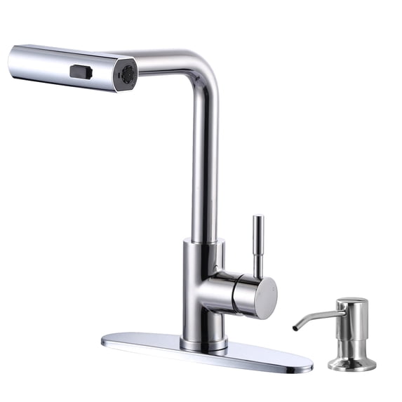 Wowow Pull Down Waterfall Kitchen Faucet with Soap Dispenser and 3-Mode Sprayer in Polished Chrome for Kitchen Sink