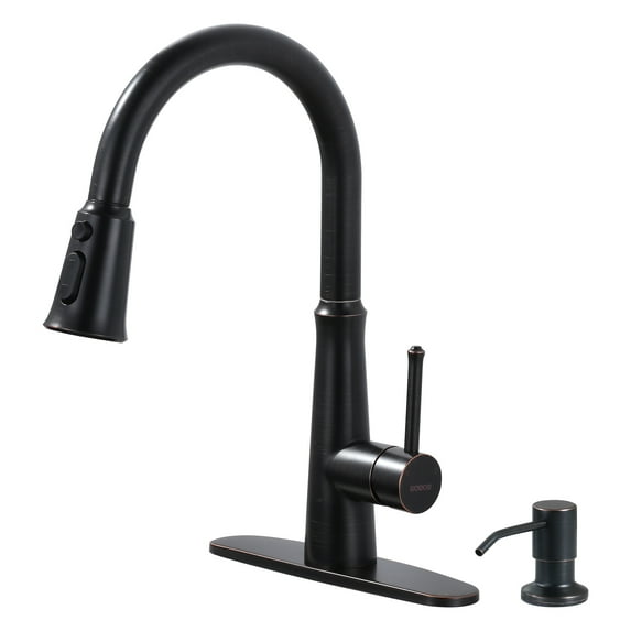 Wowow Pull Out Kitchen Faucet with Deck Plate & 3 Functions in Matte Black