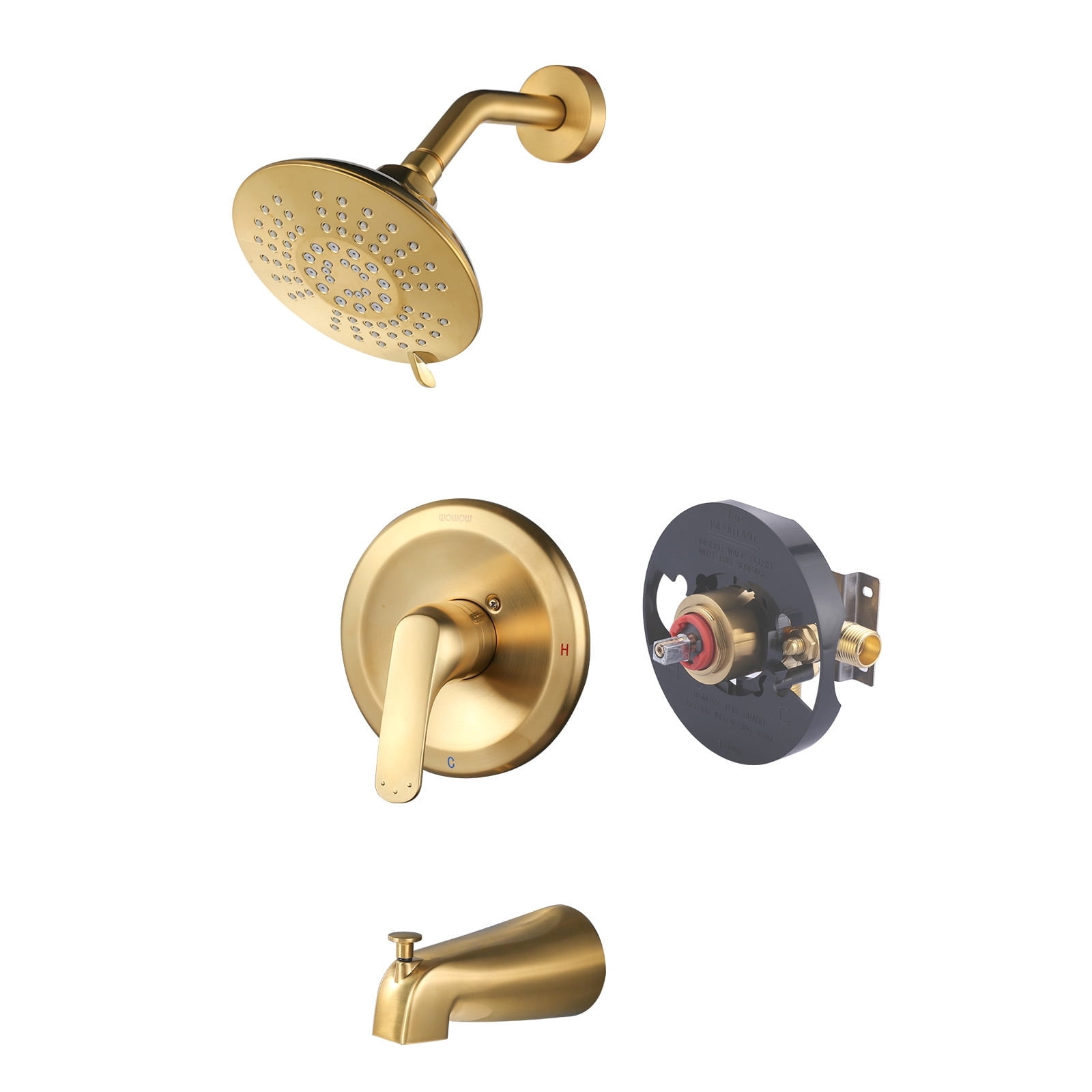 Wowow Shower Faucet with Valve, Bathroom Tub Shower Faucet Kit, Single Handle Rain Shower Head with Tub Spout, Gold