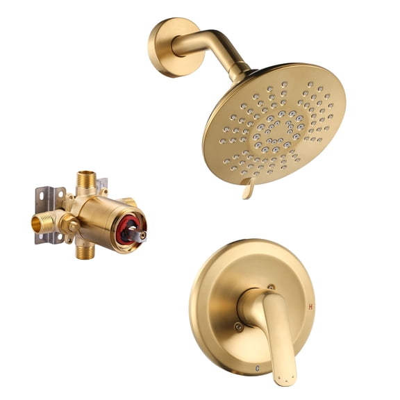 Wowow Shower Faucet with Valve, Bathroom Shower Faucet Kit, Solid Brass Shower Head Faucet Set Complete, Single Handle Rain Shower Head Trim Kit for Bathroom, Brushed Gold