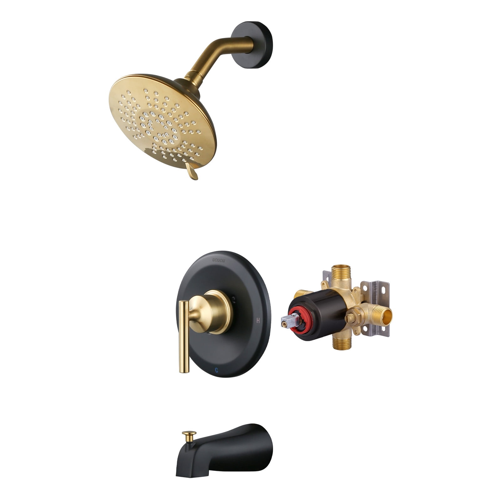 Wowow Single-Handle 5-Spray Settings Round Shower Faucet with Tub Spout in Matte Black and Gold (Valve Included)