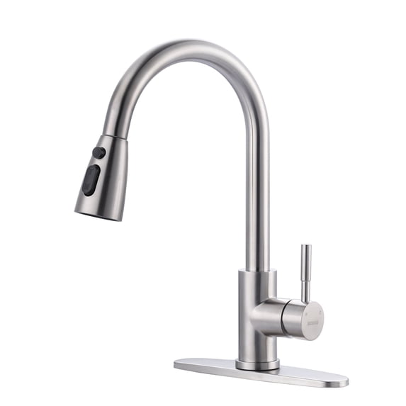 Wowow Brushed Nickel Single Handle Pull Down Kitchen Faucet Lead-Free with Deck Plate
