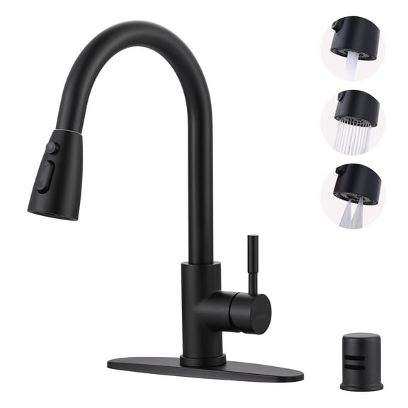 Wowow Single Handle Pull Down Kitchen Faucet with Sprayer and Dishwasher Air Gap, 2/4 Hole Compatible, Matte Black