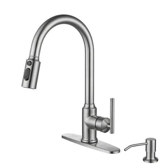 Wowow Single Handle Pull Down Sprayer Kitchen Faucet in Brushed Nickel, Stainless Steel Kitchen Faucet with Soap Dispenser
