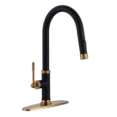 Wowow Single Handle Pull Down Sprayer Kitchen Faucet with Advanced Spray in Black and Gold