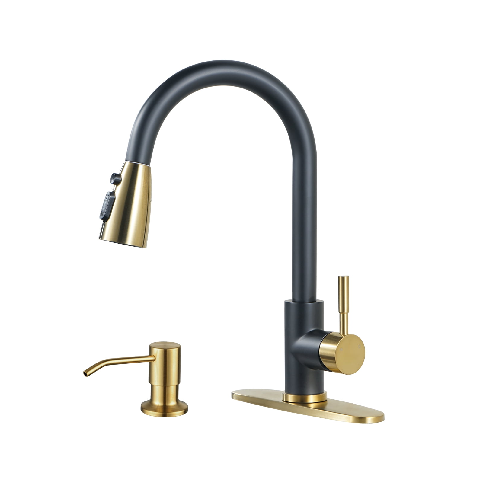Wowow Single Handle Pull Down Sprayer Kitchen Faucet with Deckplate and Soap Dispenser in Black and Gold